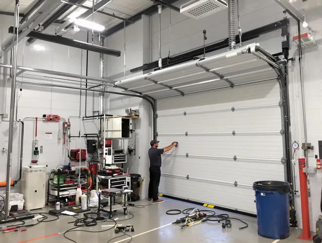 Lakeville Garage Door Repair certified technician performing commercial door repair at a Lakeville business facility