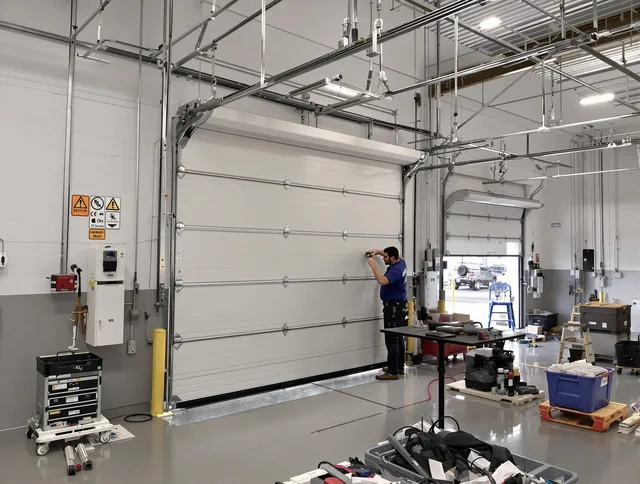 Commercial garage door repair being performed by Lakeville Garage Door Repair expert in Lakeville
