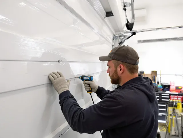 Lakeville Garage Door Repair technician demonstrating precision dent removal techniques on a Lakeville garage door