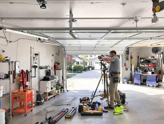 Lakeville Garage Door Repair specialist performing laser-guided track alignment in Lakeville